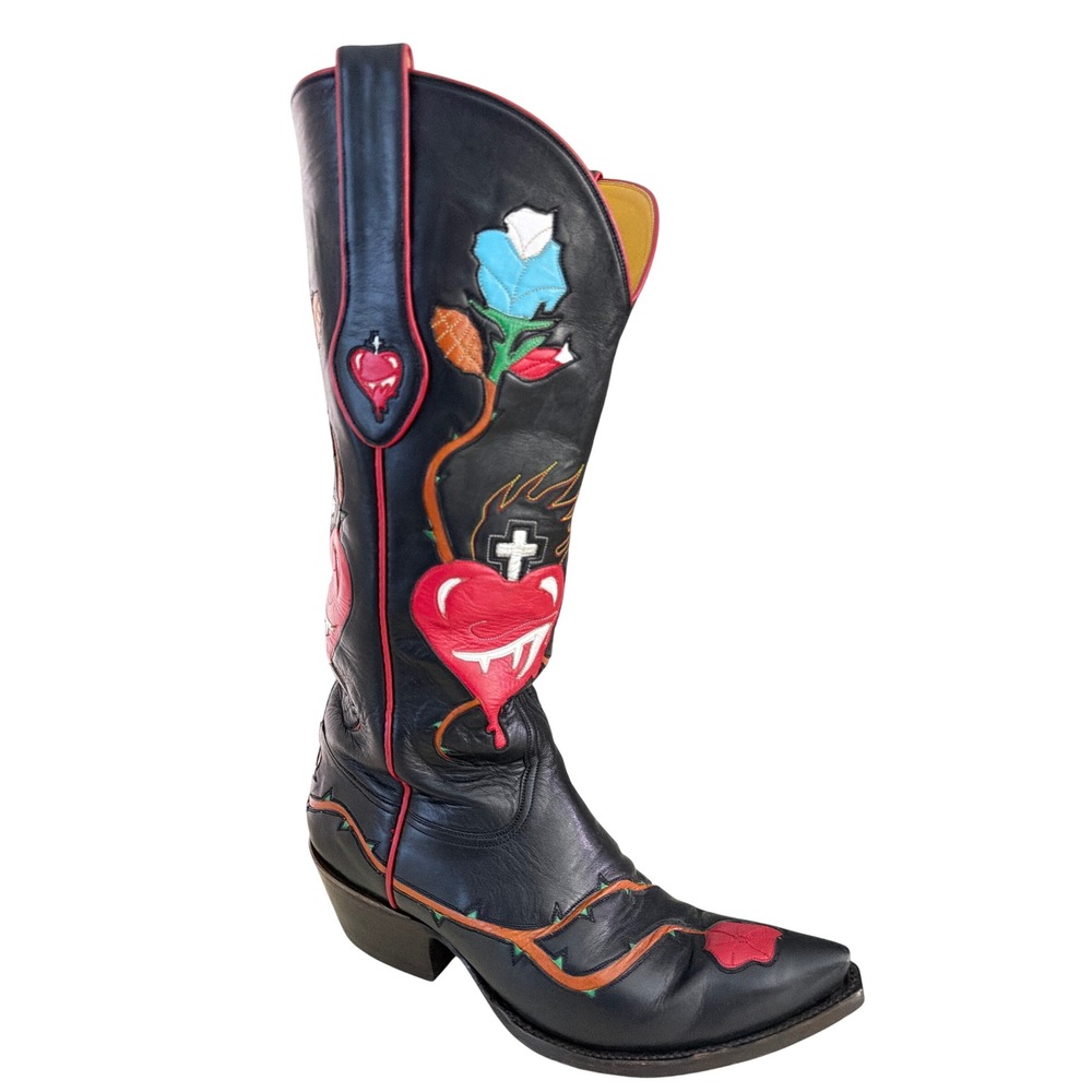 Tres Outlaws Black Leather Sacred Heart Floral Inlay Western Cowboy Boots 9D